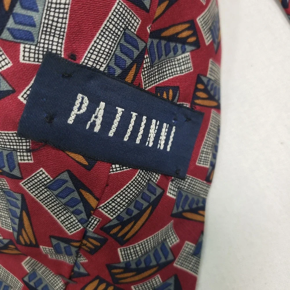 Pattini Mens Geometric Abstract Silk Tie OS‎ Red Blue Gold